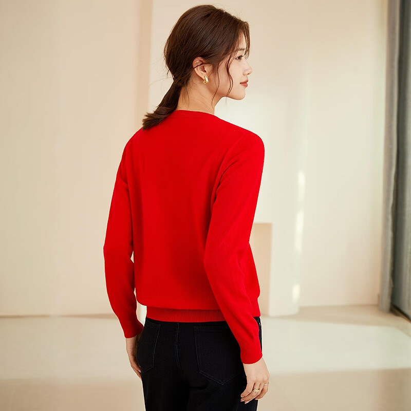 恒源祥纯色圆领羊毛衫女开衫秋冬新款毛衣外套时尚外穿纽扣insV领针织衫 中国红 XL /175/96A