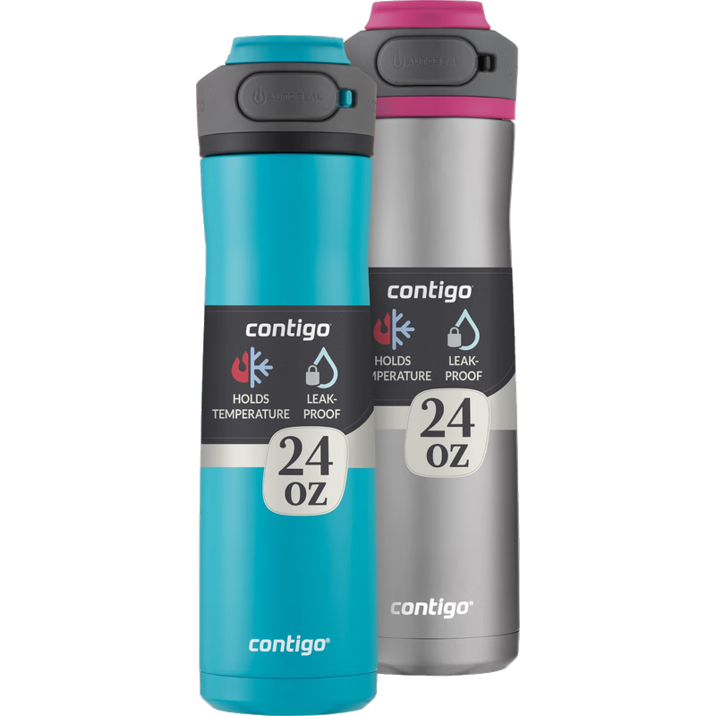 contigo 真空保溫運動水杯 不銹鋼709ml 防漏蓋 24小時保冷 便攜健身旅行 粉色和黑色 24 Oz. (約 710 ml)