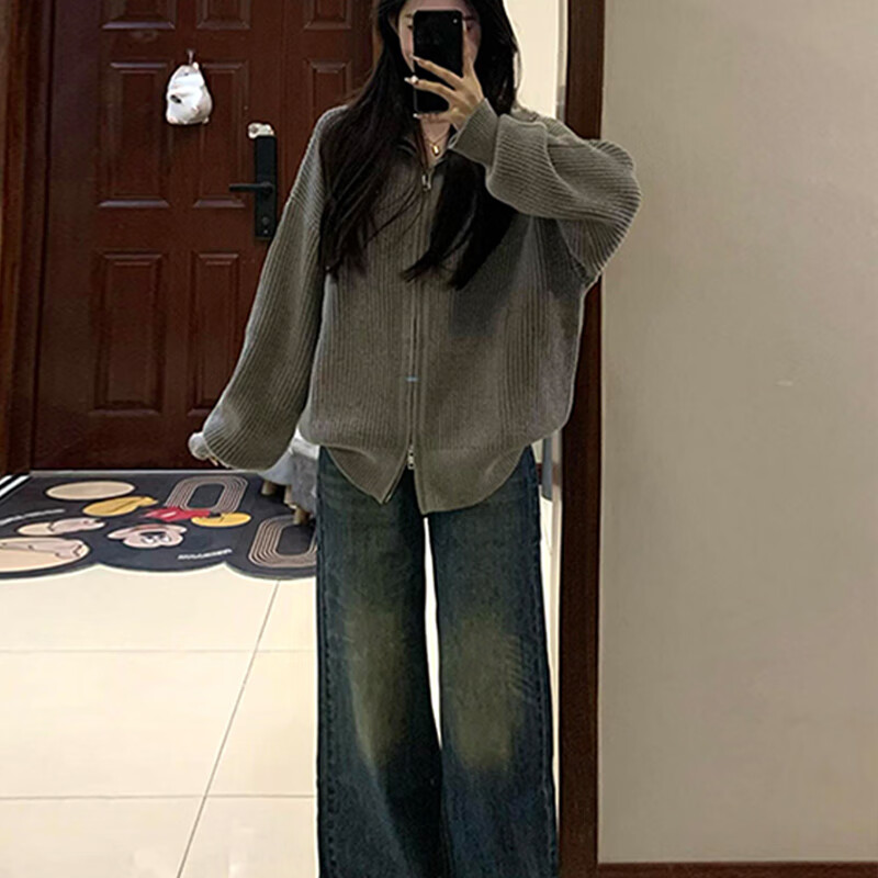 翊尚美针织衫外套女秋冬2025新款开衫可外穿拉链毛衣慵懒风宽松显瘦上衣 深灰色 【复古韩系抗起球】 均码 【适合80-140斤】