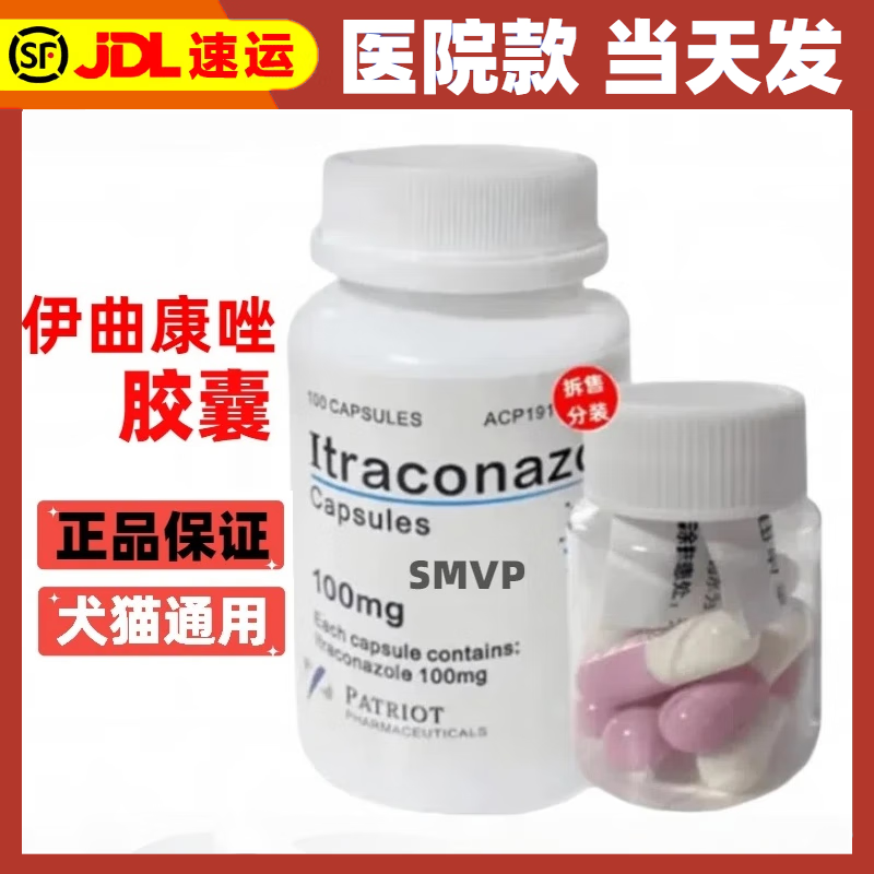 SMVP伊曲康挫唑猫藓猫咪狗癣皮肤病真菌感染脱毛口服药宠物胶囊脓皮症 1瓶 100mg 7粒 【拆装】