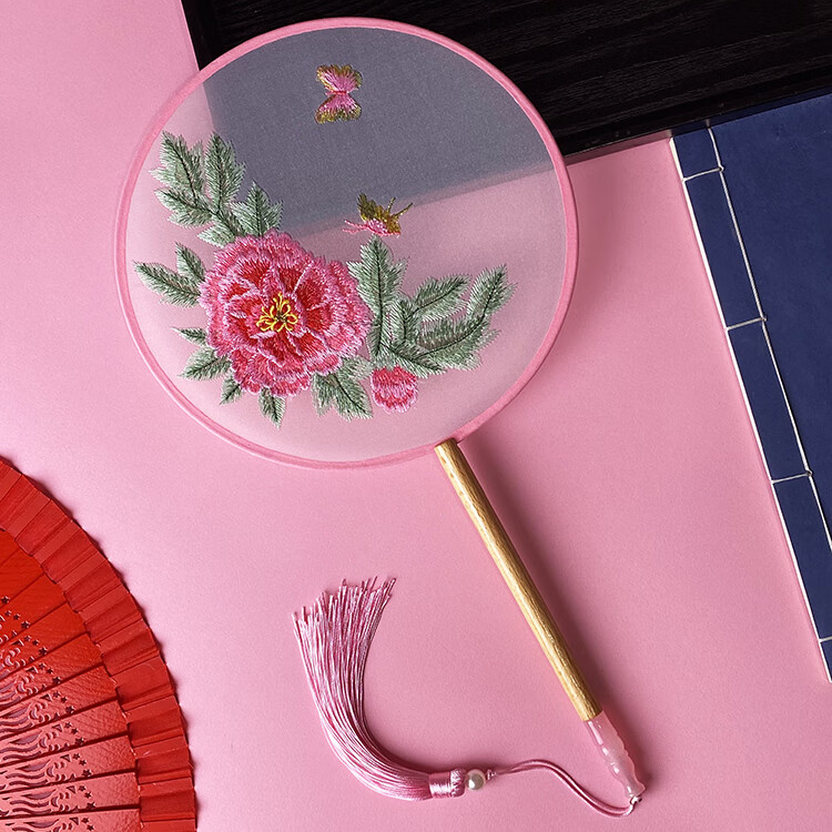 HKDA中國(guó)古風(fēng)文藝透明刺繡團(tuán)扇古典漢服旗袍舞蹈扇八瓣圓形繡花團(tuán)扇 01cm飄頭 AL刺繡號(hào)