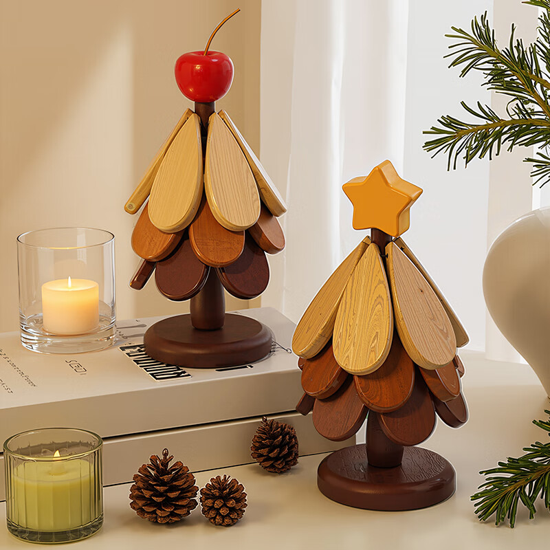 贝汉美（BHM）圣诞树隔热垫餐桌高级感摆件创意实木防烫锅垫折叠杯垫碗垫 【星星款】圣诞树四层隔热垫摆件