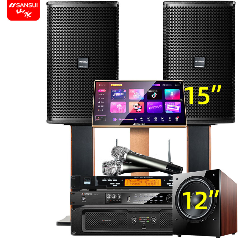 山水（SANSUI） PK12专业大功率点歌K歌套装卡拉OK家用家庭商用演出KTV宴会厅包房音响影院会议娱乐清吧舞台音箱 PK15+功放+效果器+点歌机+低音炮