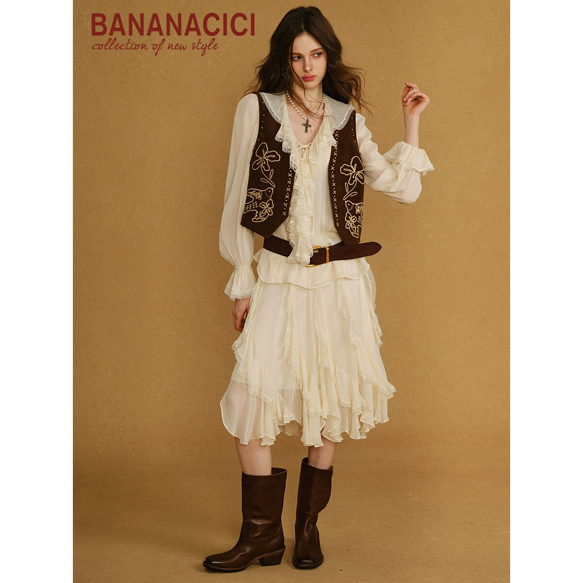 banana cici2025年秋季新款重工荷叶领拼接蕾丝飘逸雪纺长袖衬衫C2F3CS035 米白 M