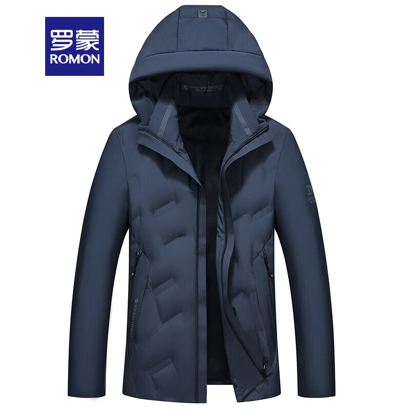 罗蒙（ROMON）短款羽绒服男连帽冬季外套中青年男士保暖防寒保暖休闲外套男装 藏青 2XL 185(适合140-160斤)