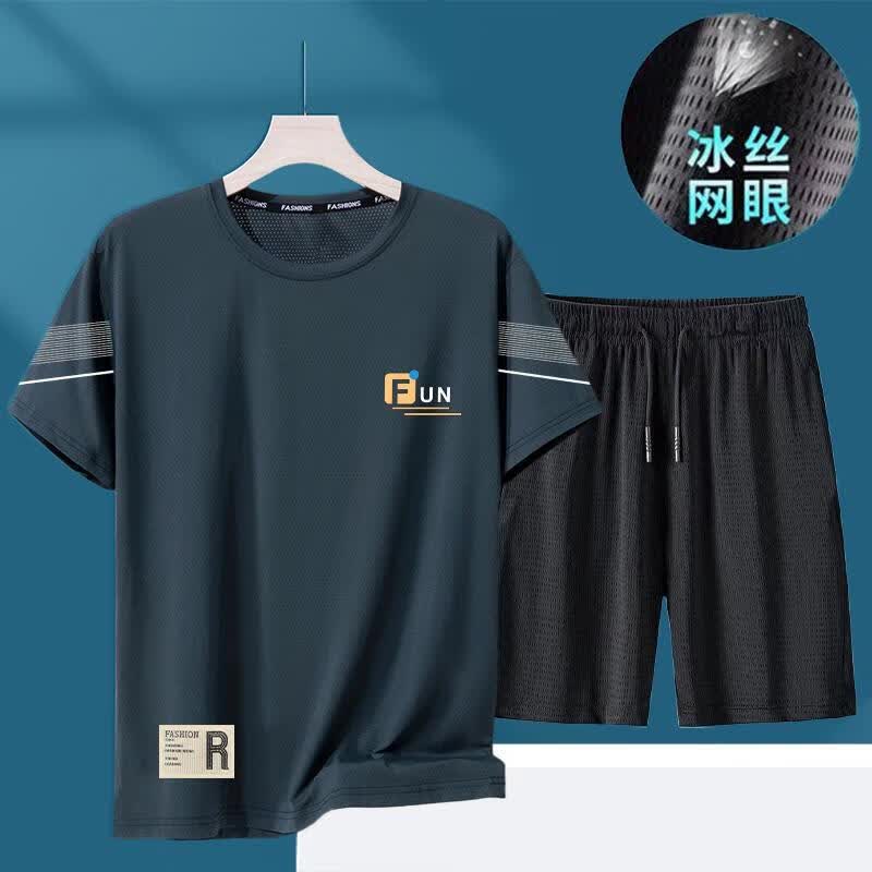 楠飞华裳冰丝套装男夏季速干弹力薄款短袖五分裤全套男休闲T恤两件套男潮 Fun灰【短袖短裤蝴网套装】 2XL (建议130-145斤)