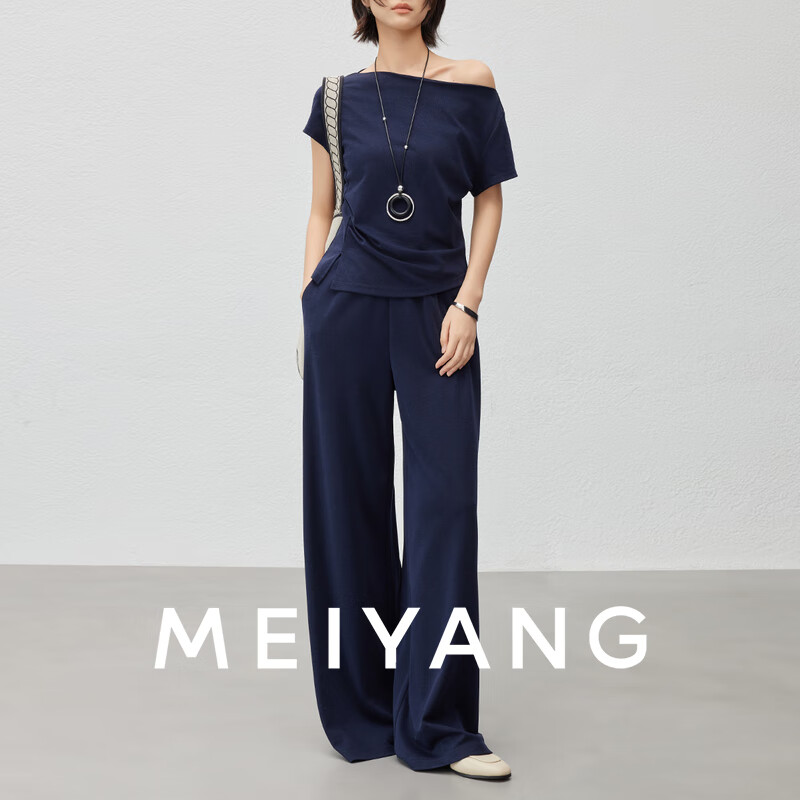 美洋（MEIYANG）丝麻二号套装 夏日静奢一字肩短袖T恤/阔腿裤 藏青色（短袖T恤+休闲长裤常规版） L