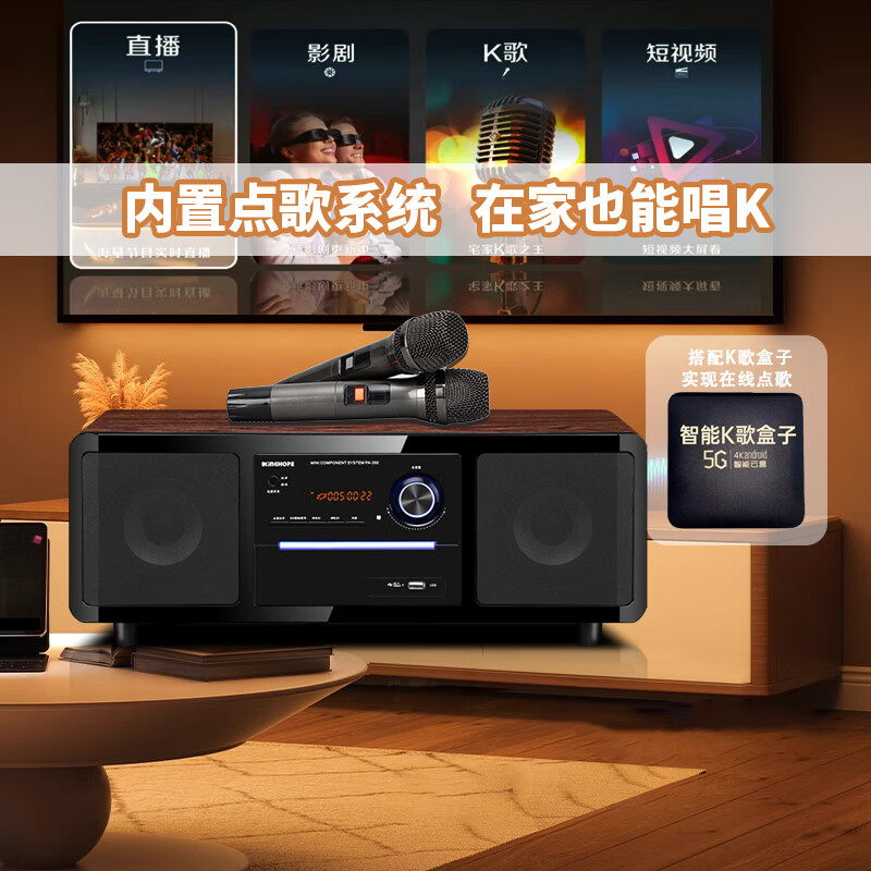 KINGHOPE桌面臺(tái)式一體DVD/CD機(jī)組合音響藍(lán)牙臥室收音機(jī)音箱 PA350升級(jí)款+無線話筒套裝+K歌盒 官方標(biāo)配