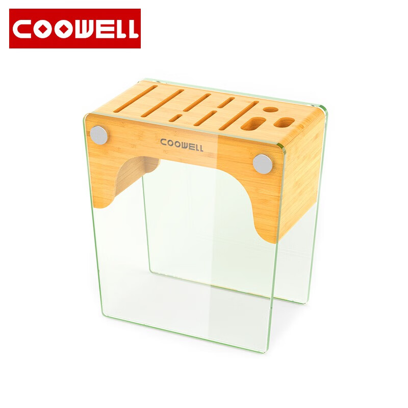 COOWELL廚房置物架刀具收納架家用刀座菜刀架鋼化玻璃楠竹刀架 XH-DJ02豎槽10孔 送托盤