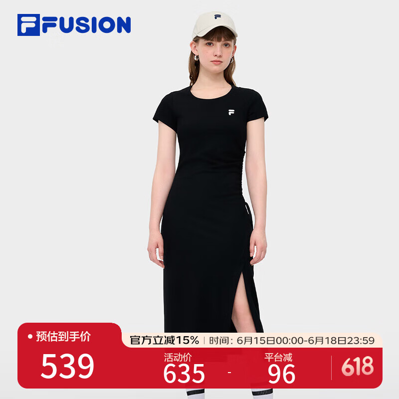 FILA FUSION斐乐潮牌女子针织连衣裙简约修身开衩长款裙子 正黑色-BK M (165) 84A
