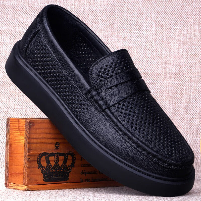 BIUTEE轻奢男鞋春秋季休闲系带通勤软底软面透气高档皮鞋男商务透气皮鞋 2516-1黑色 夏季缕空透气 44 (270mm)