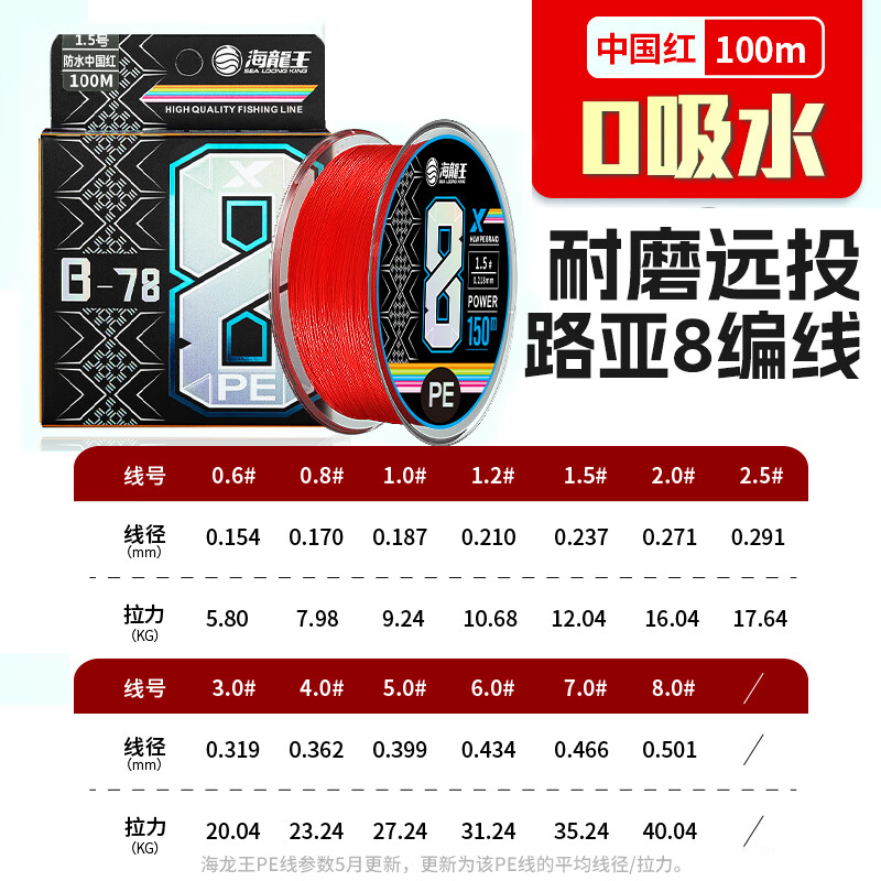 海龙王pe线路亚线中国红0吸水不褪色8编路亚pe线路亚线超顺滑大力马鱼线 【0吸水不褪色】中国红100米 0.8#