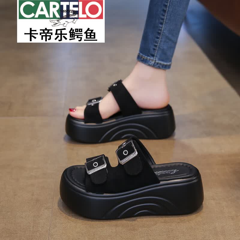 卡帝乐鳄鱼（CARTELO）松糕厚底增高凉拖鞋女夏季外穿2026新款仙女风休闲度假海边沙滩鞋 黑色 40