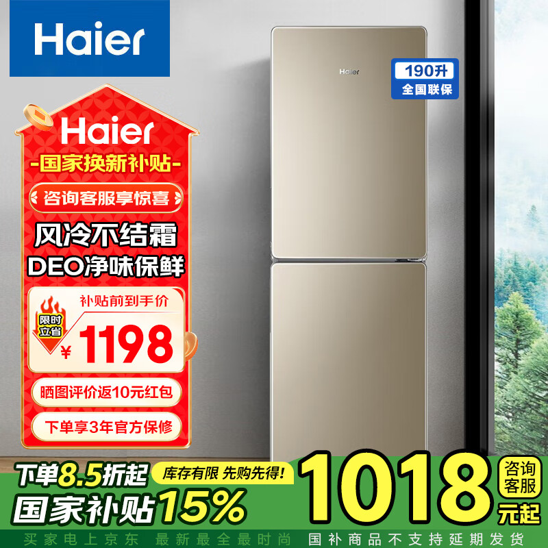 海尔（Haier）冰箱小型双门风冷无霜冷藏冷冻租房公寓家用迷你节能省二门两门 国家补贴换新BCD-190WDPT 【风冷无霜】190升+DEO净味+双门双温