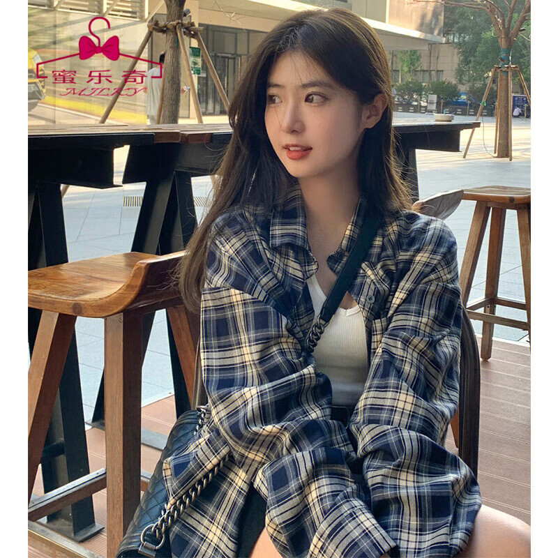 蜜乐奇长袖格子衬衫女2026春秋新款宽松慵懒风女装上衣衬衣复古格纹外套 衬衣 S 【建议80-90斤】