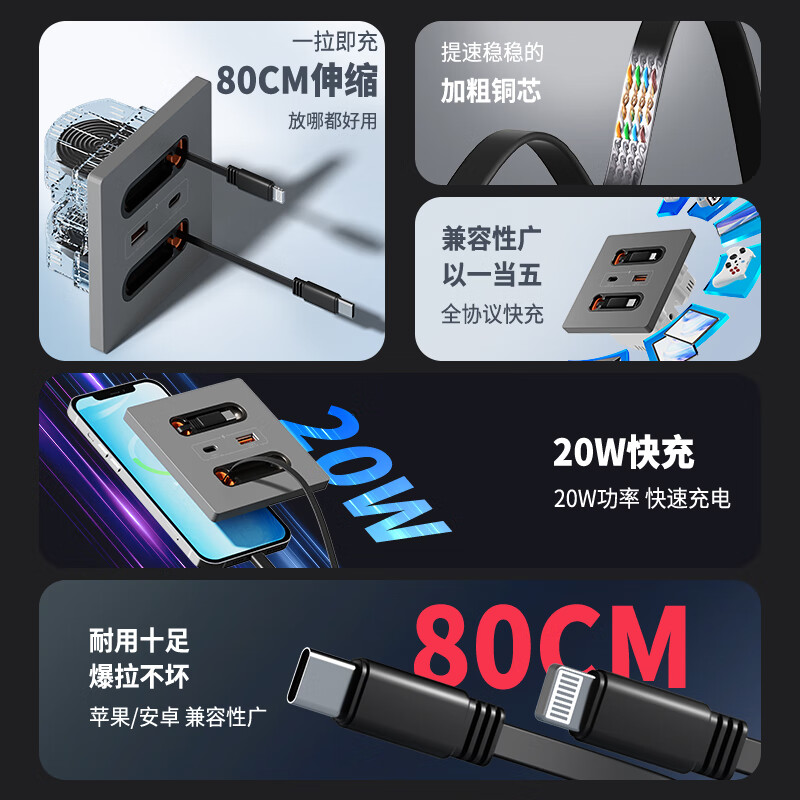国际电工 （DIBOLANG）86型带伸缩数据线USB五孔插座20W快充插座开关面板手机充电Type-c 苹果线+四孔+USB+Type-C【白色】