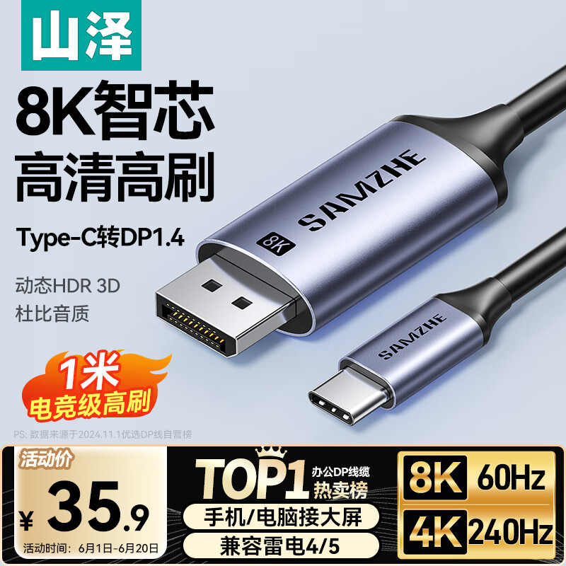 山泽Type-C转DP1.4线雷电4/5转接头USB-C转换器8K60/4K/240投屏苹果16笔记本电脑手机外接显示器 TYD10