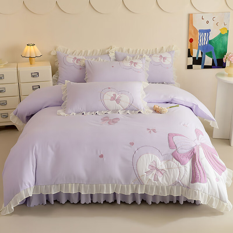 诸禄儿童磨毛床裙款四件套女孩亲肤贴布绣蝴蝶结被套单人女童2025新款 浪漫告白-紫 床单款 2.0m床单四件套被套220*2