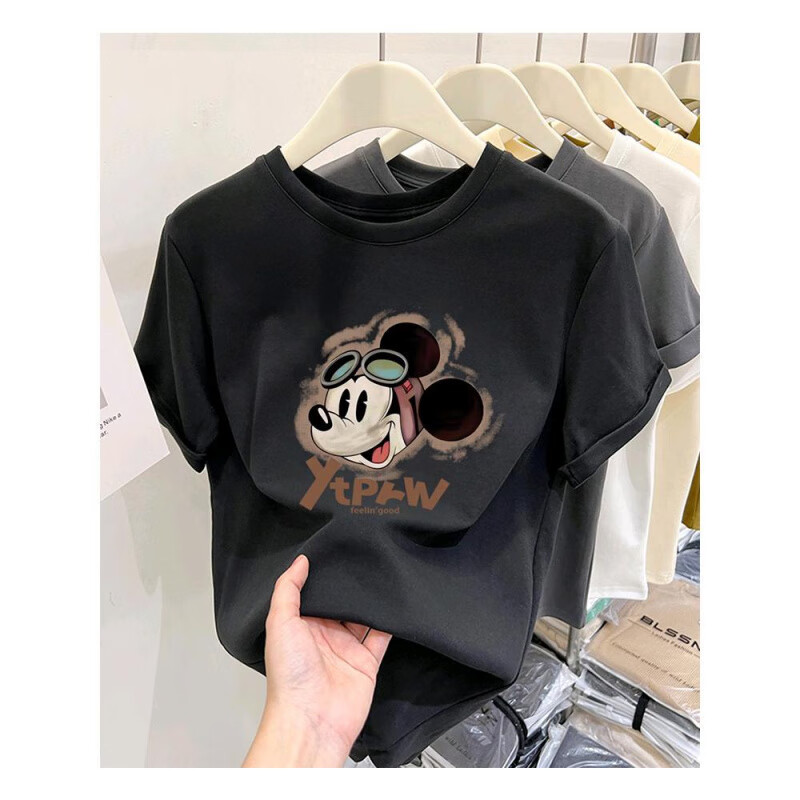 正肩纯棉短袖T恤女2025早秋新款ins风潮流宽松休闲百搭打底衫半袖 粉色(眼镜米奇款) 2XL