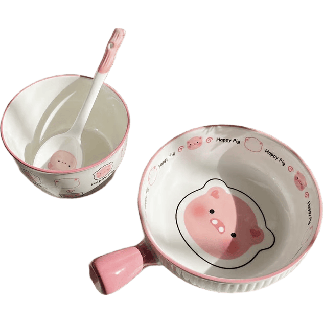 釉下彩可爱卡通碗碟套装家用高颜值陶瓷碗筷盘餐具 碗可爱猪猪3件套