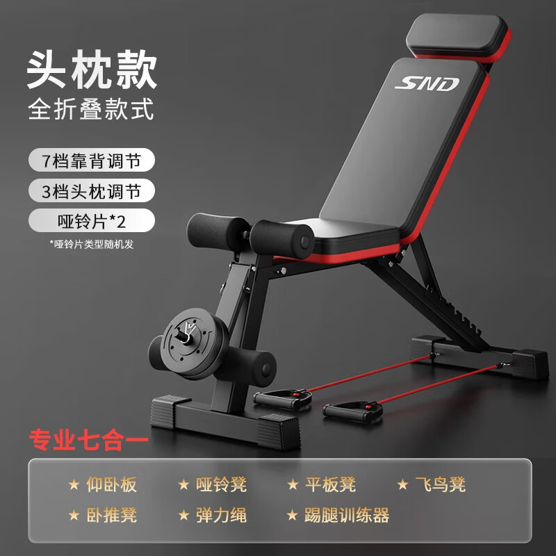 施耐德哑铃凳仰卧起坐辅助器家用健身器材折叠飞鸟椅子锻炼卧推凳健身椅 头枕款-含脚踢训练器【练腿】
