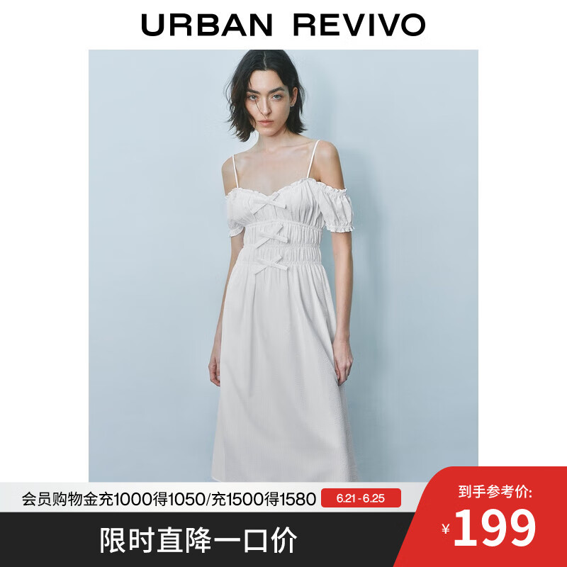 UR2025夏季新款女装时尚蝴蝶结装饰褶皱收腰连衣裙UYU750088 本白格子 M