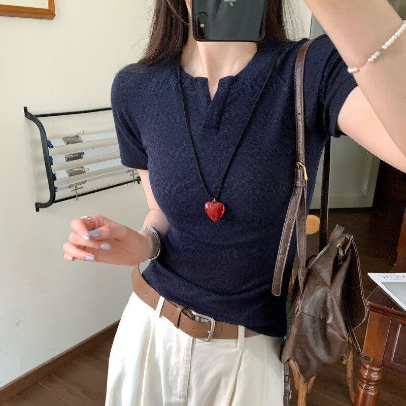 别致V领正肩短袖T恤女2025新款修身显瘦超好看绝美夏日小上衣 粉色 XL