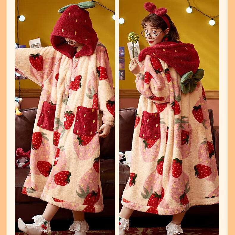 有只绵新款女士秋冬家居服加厚珊瑚绒睡衣大耳狗连帽可爱睡袍 蓝鸭睡袍 均码 （80-160斤）