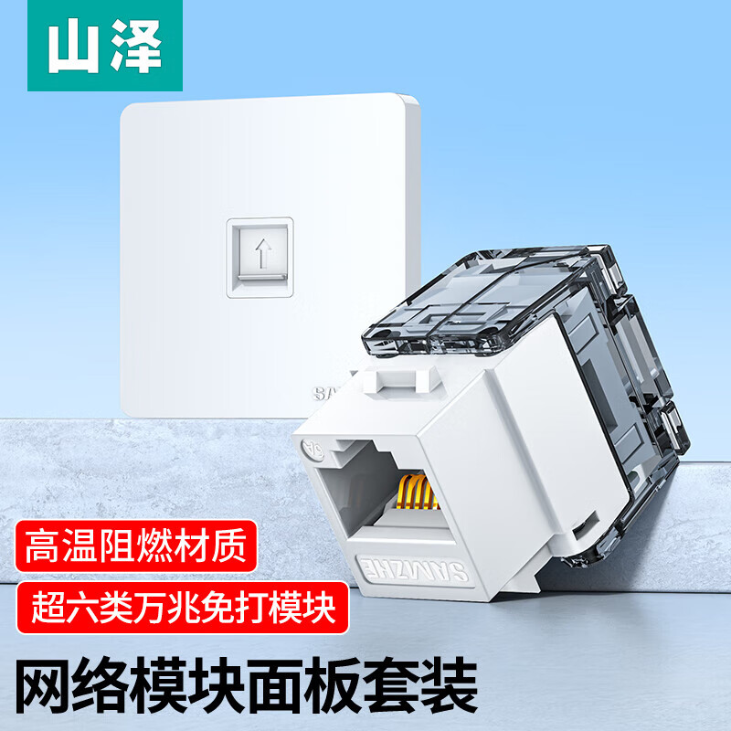 山泽（SAMZHE）电脑网线插座网口网络面板适用电话信息模块超五/六/七类模块加厚86型面板酒店办公室全屋布线专用 【超六类免打+阻燃单口面板】白色