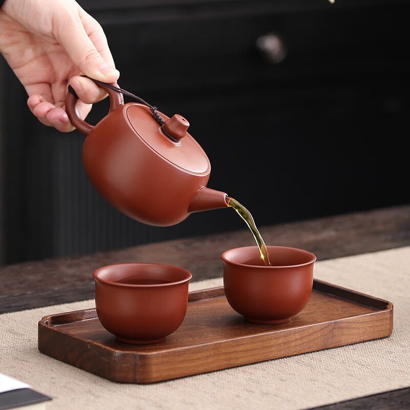 颖器大红袍紫砂壶200ml纳瓢壶大口单人泡茶壶茶杯手工家用功夫茶壶 大红袍纳瓢壶+2杯(礼盒装) 200ml