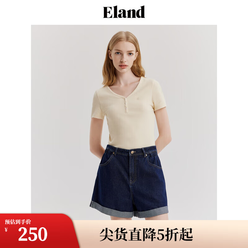 ELAND衣戀牛仔短褲女卷邊褲腳收腰直筒褲2024夏新款 牛仔色(55)Indigo L