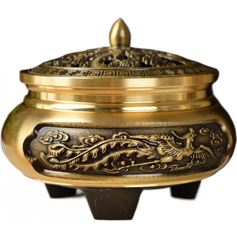 富山香堂合金香爐家用室內(nèi)盤香三足龍鳳爐檀香沉香熏香爐禮品擺件 褐色_三足龍鳳盤香爐