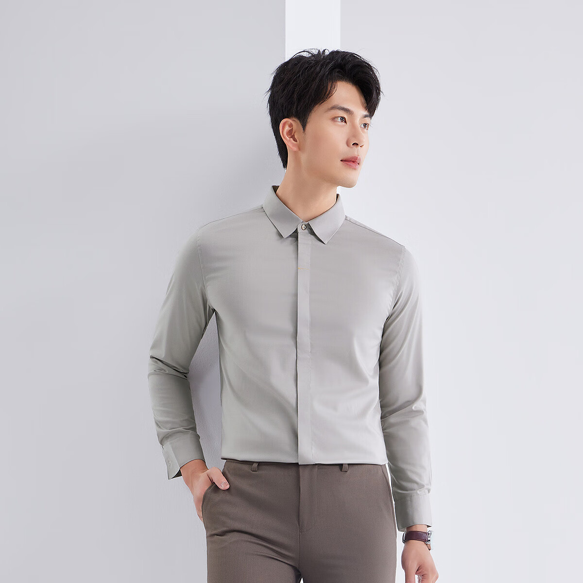 莱克斯顿衬衫男简约纯色莫代尔抗皱亲肤透气柔软通勤长袖衬衫男 中杏 2XL