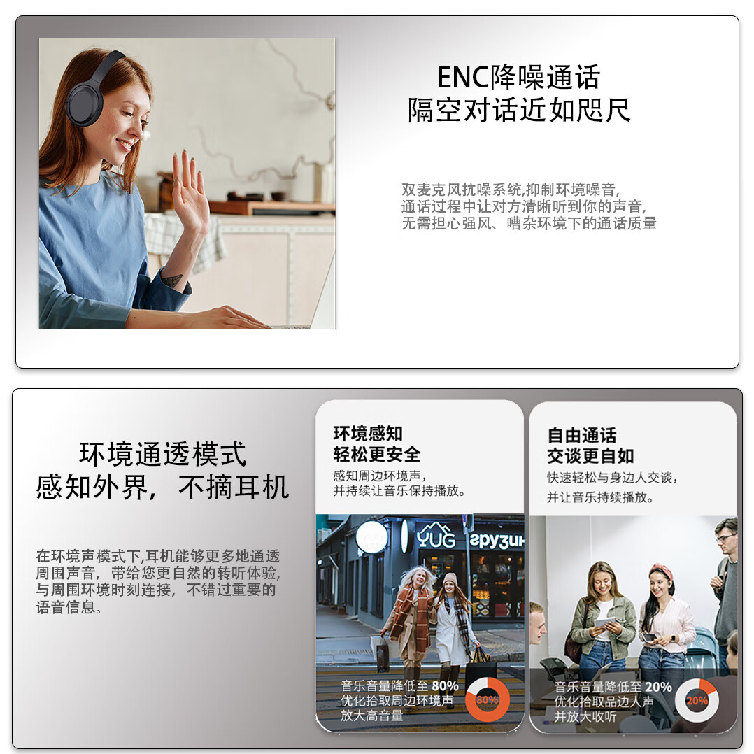 J（匠子）发烧级高品质蓝牙头戴耳机40mm大动圈单元ANC主动降噪通透模式多设备连接高通芯片 BN928双馈主动降噪 黑色