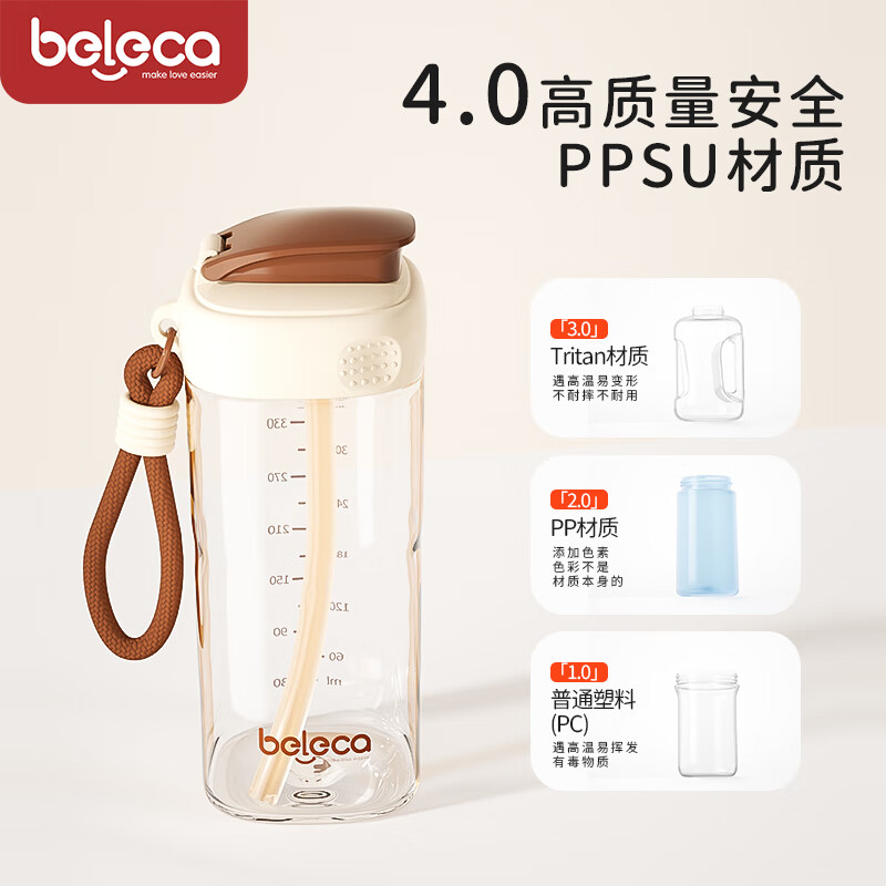 贝乐嘉（Beleca）大宝宝大容量吸管杯学饮杯奶瓶3-6岁学饮直饮吸管宝宝水杯 【棕色】成长杯 400ml （3-6岁）