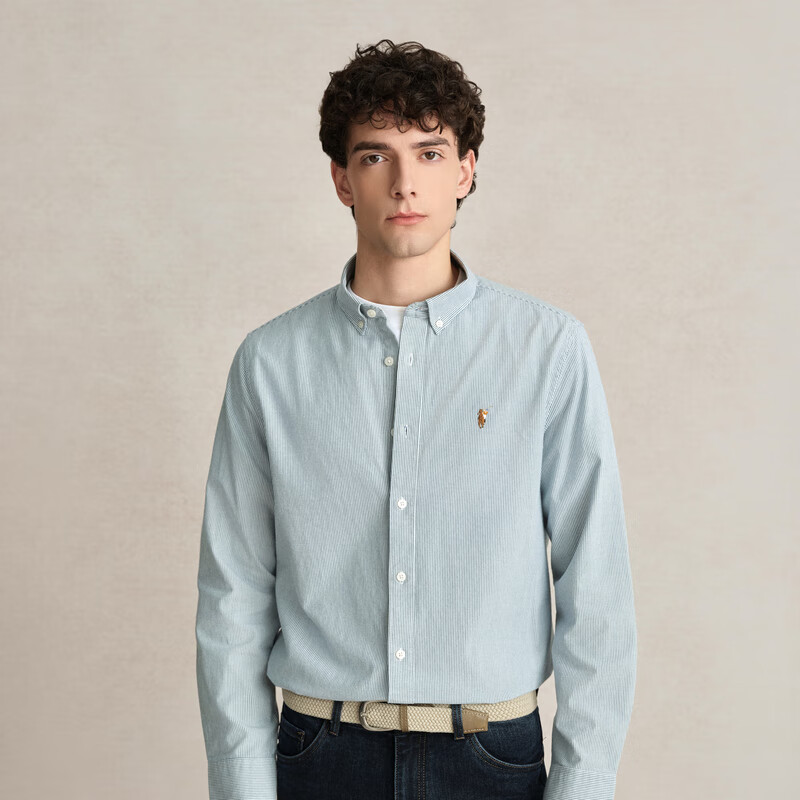 POLOWALK男装新品秋冬条纹简约时尚百搭舒适长袖衬衫 浅绿 M