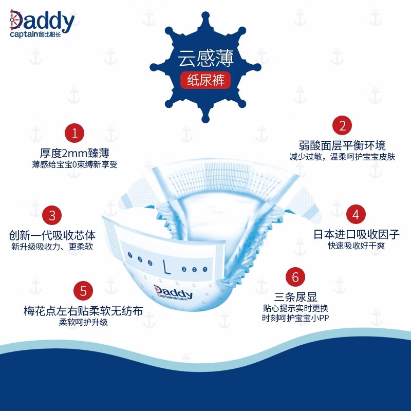 爸比船长云感薄系列纸尿裤拉拉裤 超大吸量无感裸感婴儿透气亲肤 S码纸尿裤60片