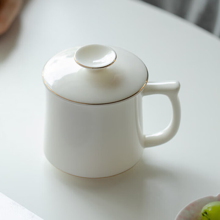 兮元記官窯陶瓷茶杯個(gè)人專(zhuān)用辦公室泡茶水杯帶蓋馬克杯高檔陶瓷杯杯子 描金羊脂玉瓷言宋水杯-簡(jiǎn)裝370ml