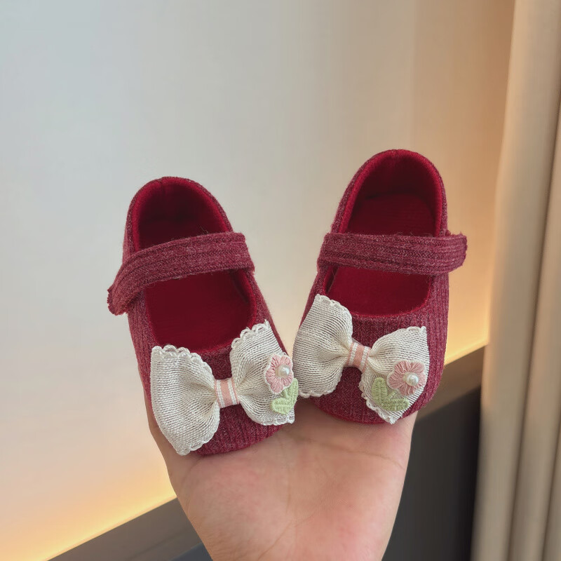 米嘟尔秋冬季婴儿鞋软底女宝宝公主鞋0-1岁步前不掉学步鞋单鞋0-12个月6 酒红(霓虹护脚鞋-米珠花结) 11 S 内长11cm建议0-6月