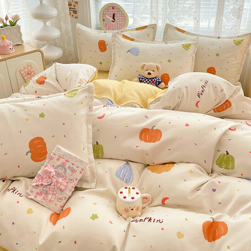 软贝小清新四件套 透气亲肤印花卡通简约田园风被套床单款套件 南瓜园 2.0m 床单款 四件套(被套200*230cm)