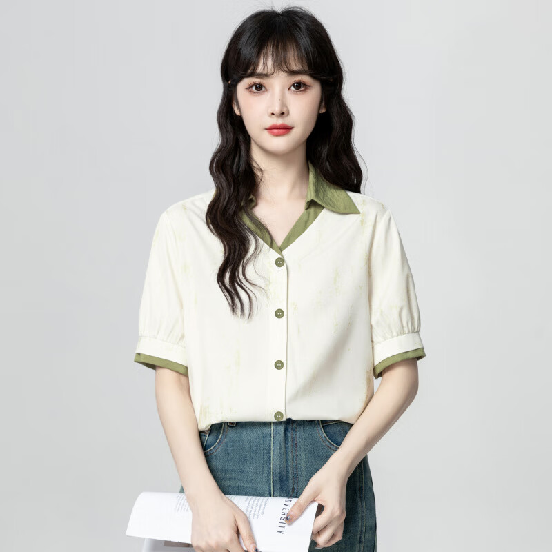 雪澜迪假两件拼接短袖衬衫女夏2025夏季新款撞色POLO领宽松衬衣半袖上衣 图片色 S 155/80A
