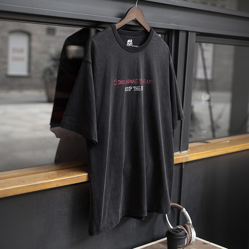 Mr.A美式复古纯色印花T恤宽松涂鸦短袖圆领休闲半袖男士夏季 MRA男装  水洗黑 2XL