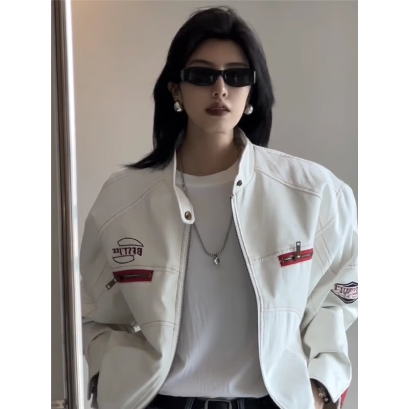 POUM男装美式高街PU皮衣机车外套男女春秋冬款宽松短款刺绣潮牌夹克 YRFS-W195白色 XL 【身高175-180体重60-70】