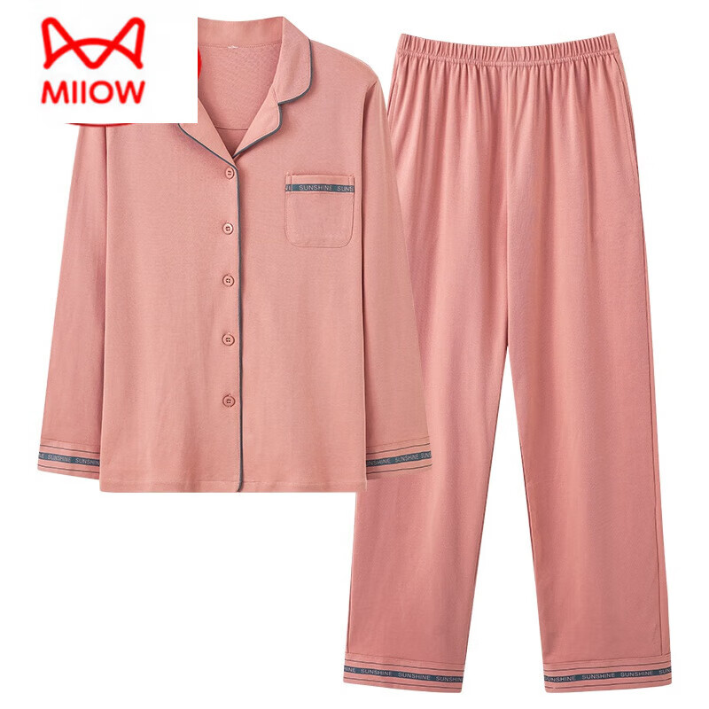 猫人(MiiOW)纯棉情侣睡衣男士春秋季长袖家居服可外穿纯色大码薄款套装 NJR-A34629 M 女款: