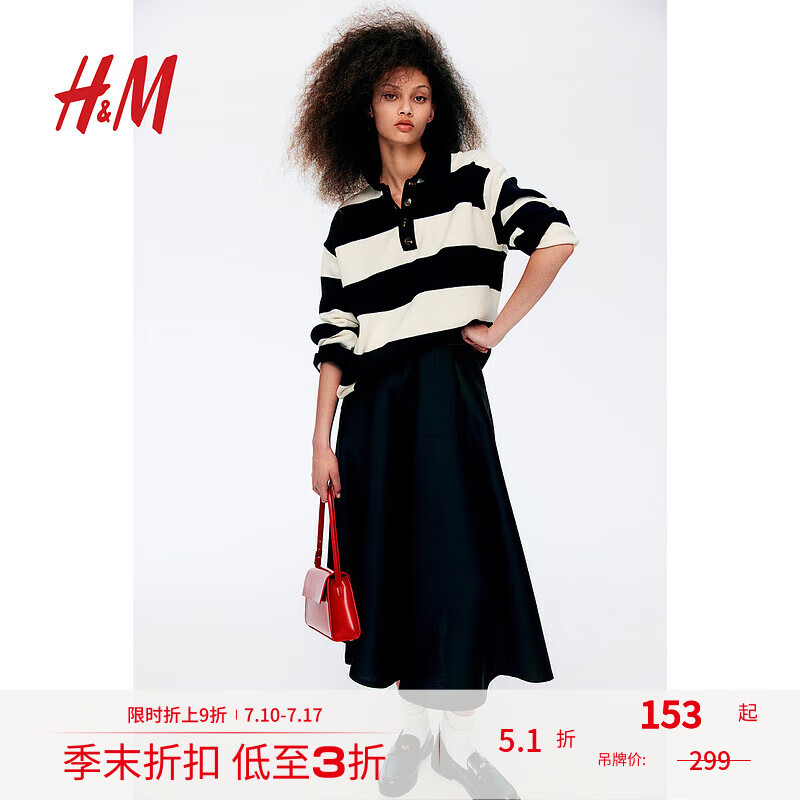 H&M女裝毛針織衫夏季寬松細針織條紋長袖套頭衫1257621 黑色/白色條紋 155/76 XXS