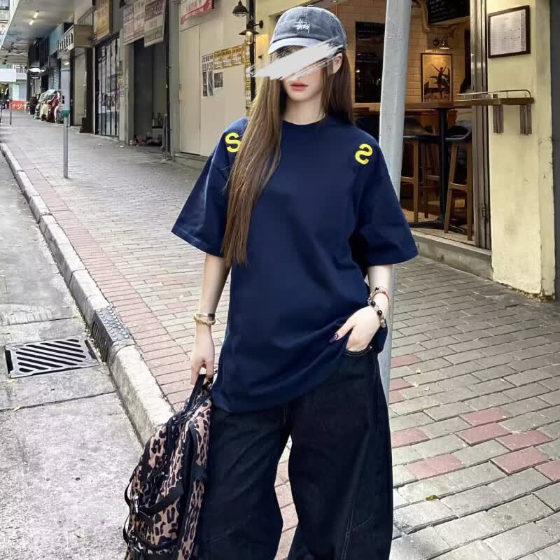 POUM美式街头刺绣短袖男夏季潮牌字母圆领t恤情侣运动五分半袖上衣 JXFS-W21藏青色 2XL