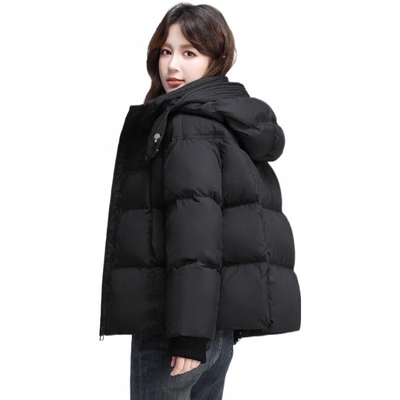 鸭鸭秋冬新品短款羽绒服女加厚连帽面包服宽松保暖韩版泡芙小个子外套 黑色 M （建议110-140斤）