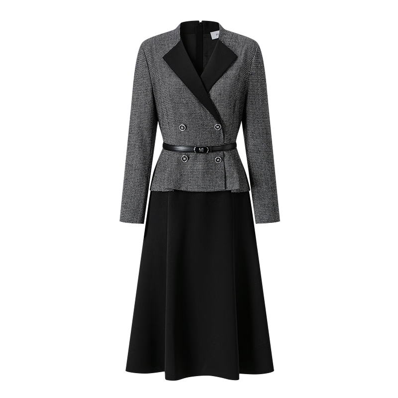 PORTS寶姿女裝2025秋冬新款經(jīng)典束腰二合一連衣裙ALQ9D055UWQ050 黑色混色 M (6)