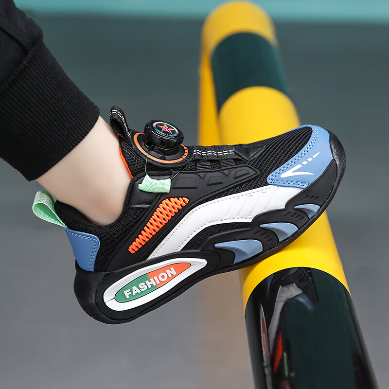 贝天熊男女童儿童运动鞋2025秋冬款男孩网面女鞋透气旋钮扣学生革面童鞋 K111黑桔【春秋双网】 29 内长18.4/脚17.4