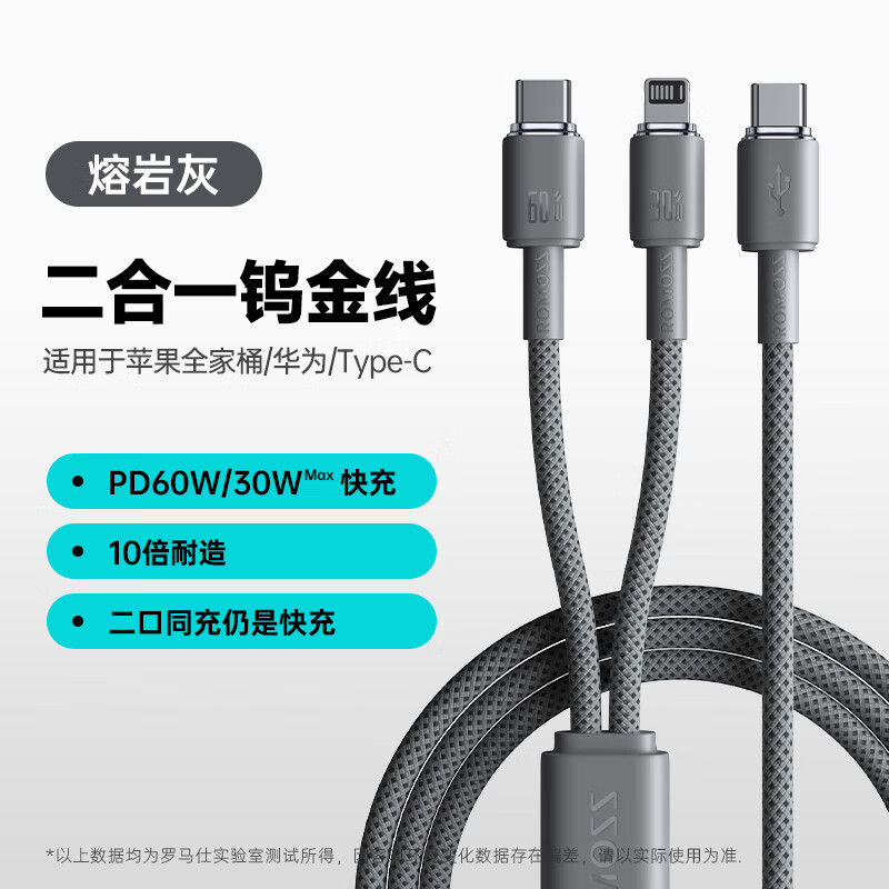 羅馬仕（ROMOSS）新品TypeC二合一數據線(xiàn)iPhone15Pro雙頭100w快充iPadMacBook通用 【1.5米熔巖灰】PD60w快充數據線(xiàn)typec